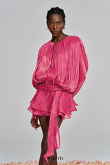 hermosa Balloon Sleeve Ruch Ruffle Mini Dress In Rose Red