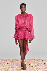 hermosa Balloon Sleeve Ruch Ruffle Mini Dress In Rose Red