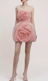 STRAPLESS 3D FLOWER MINI DRESS IN PINK