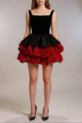 alexandra layer Wavy trim mini dress - black/red