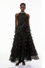 samantha Black 3D Petal Ruffled rhinestone embellished Maxi Dress