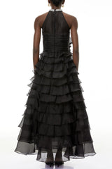 samantha Black 3D Petal Ruffled rhinestone embellished Maxi Dress