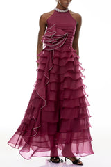 samantha Red 3D Petal Ruffled rhinestone embellished Maxi Dress
