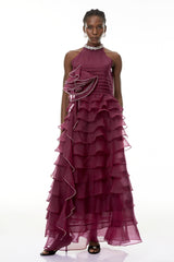 samantha Red 3D Petal Ruffled rhinestone embellished Maxi Dress