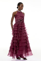 samantha Red 3D Petal Ruffled rhinestone embellished Maxi Dress