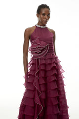 samantha Red 3D Petal Ruffled rhinestone embellished Maxi Dress