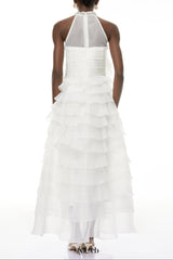 samantha White 3D Petal Ruffled rhinestone embellished Maxi Dress