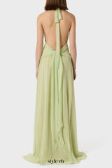 Aonaver Floral Ruffle Halter Maxi Dress in Green