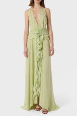 Aonaver Floral Ruffle Halter Maxi Dress in Green