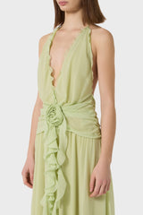 Aonaver Floral Ruffle Halter Maxi Dress in Green