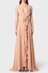 Aonaver Floral Ruffle Halter Maxi Dress in Pink