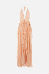Aonaver Floral Ruffle Halter Maxi Dress in Pink