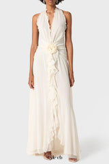 Aonaver Floral Ruffle Halter Maxi Dress in White