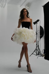 Archki Ruched Flower Strapless Mini Dress