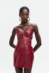 janice Crocodile Pattern Strapless Leather Mini Dress