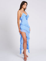RUFFLE CUT OUT ASYMMETRIC MAXI DRESS - Blue