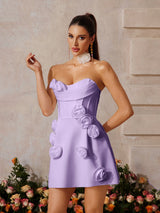 Strapless Flower Bandage Mini Dress In Purple