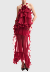 eunice Floral Halter Chiffon Ruffle Midi Dress in red