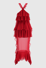 eunice Floral Halter Chiffon Ruffle Midi Dress in red