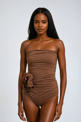 nancy Ruched Flower One Piece Swimsuit In Mocha Mousse