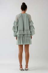 freda Balloon Sleeve Mesh Ruch Ruffle Mini Dress in green