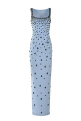 Crepe Raindrops Embroidery Maxi Dress In Blue