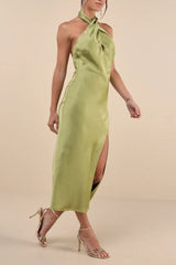 Beyond Classy Chartreuse Satin Halter Midi Dress