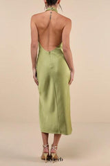 Beyond Classy Chartreuse Satin Halter Midi Dress