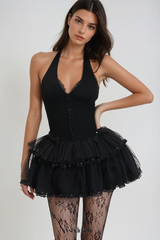 gina Mesh Halter Neck Corset Mini Dress in black