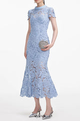 Blue Flower Lace Contrast Collar Midi Dress