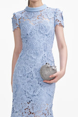 Blue Flower Lace Contrast Collar Midi Dress