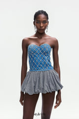 jacqueline Crystal Embellished Strapless Denim Top in blue