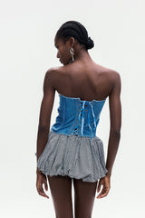 jacqueline Crystal Embellished Strapless Denim Top in blue