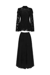 yvette black Long Sleeve Folds Lace Butterfly Top And Skirt Two-Piece Set