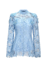 yvette blue Long Sleeve Folds Lace Butterfly Top And Skirt Two-Piece Set