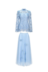 yvette blue Long Sleeve Folds Lace Butterfly Top And Skirt Two-Piece Set