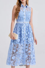 NECKLINE SLEEVELESS PINCHED WAIST MIDI DRESS IN BLUE