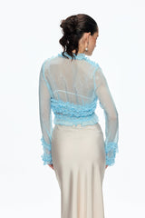 eudora Ruffle Plunge Lace Up Top in blue