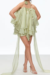 alisa Ruffle Lace Up Fringe Mini Dress in green