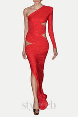 Caits One Shoulder Crystal Cutout Maxi Dress