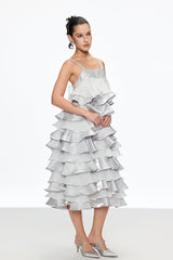 griselda Ruffle Spaghetti Midi Dress in silver