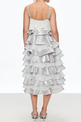 griselda Ruffle Spaghetti Midi Dress in silver