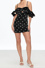 hermosa Dot Off Shoulder Mini Dress In Black