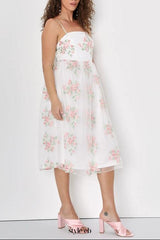White Floral Embroidered Tulle Midi Dress