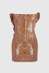 Charae Sequin Floral Strapless Mini Dress in brown