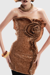 Charae Sequin Floral Strapless Mini Dress in brown