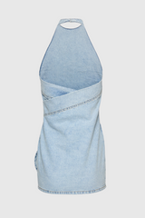 Christell Floral Appliqué Halter Denim Mini Dress