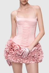 Cindia Floral Lace Up Corset Two Piece Set in Pink