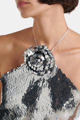 Cinwa Floral Appliqué Halter Sequin Mini Dress - Silver