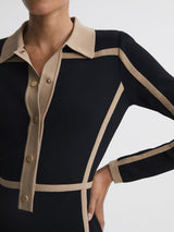 Contrast Trim Press-Stud Mini Dress in Black/Camel